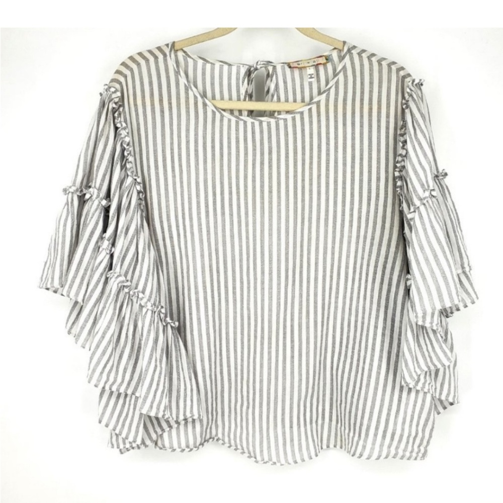 ANTHROPOLOGY ERI +ALI XS Jacqui Grey White Striped Ruffle Sleeve Cotton Top